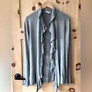 Soft grey cashmere-blend cardigan with ruffle detail
